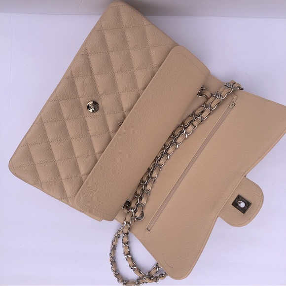 💯 AUTHENTIC CHANEL CAVIAR DOUBLE FLAP BEIGE CLAIR - Picture 11 of 16
